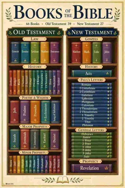 Laminated Books Of The Bible Book Case Poster Dry Erase Wall Art 16x24