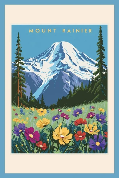 Laminated Washington Mount Rainier National Park Flowers Travel Poster Poster Dry Erase Wall Art 16x24