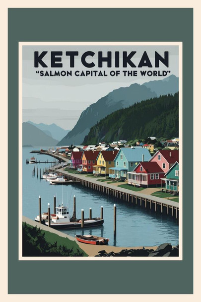 Laminated Alaska Ketchikan Salmon Capital Retro Travel Poster Poster Dry Erase Wall Art 16x24