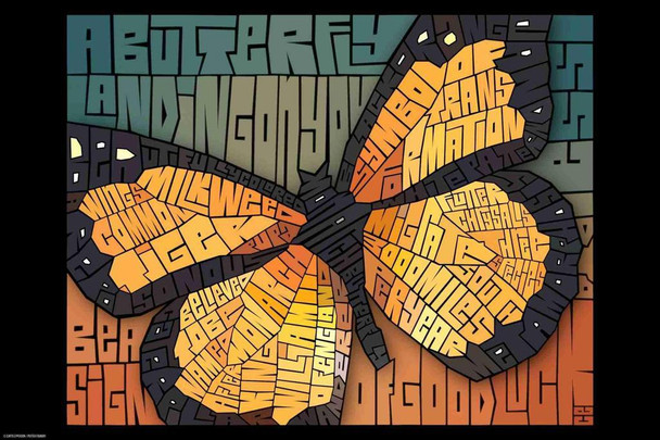Laminated Curtis Epperson Butterfly Monarch Word Mosaic Art Hand Drawn Poster Dry Erase Wall Art 16x24