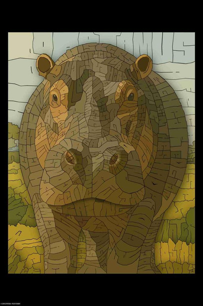 Laminated Curtis Epperson Hippopotamus Hippo Rhino Word Mosaic Art Hand Drawn Poster Dry Erase Wall Art 16x24