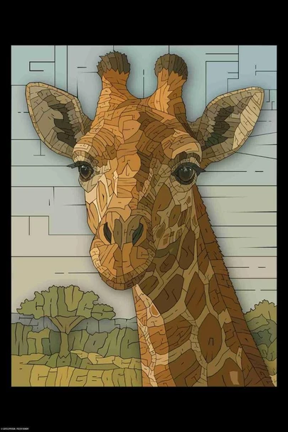 Laminated Curtis Epperson Giraffe Word Mosaic Art Hand Drawn Poster Dry Erase Wall Art 16x24