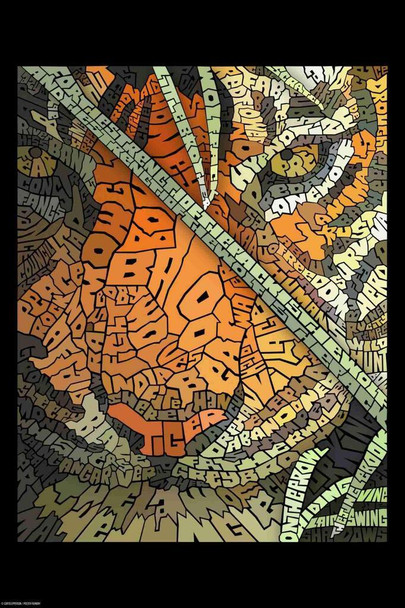 Laminated Curtis Epperson Tiger Jungle Word Mosaic Art Hand Drawn Poster Dry Erase Wall Art 16x24