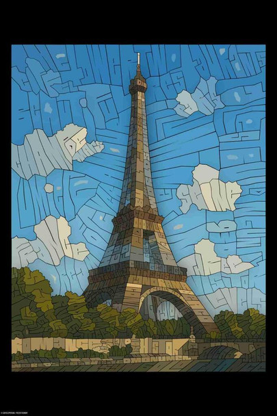 Laminated Curtis Epperson Eiffel Tower Word Mosaic Art Hand Drawn Poster Dry Erase Wall Art 16x24