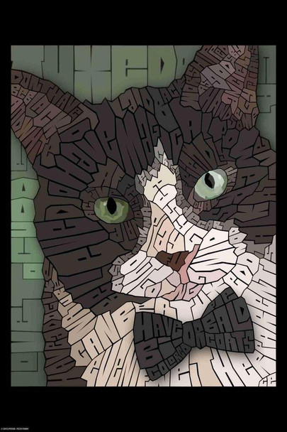 Laminated Curtis Epperson Tuxedo Cat Word Mosaic Art Hand Drawn Poster Dry Erase Wall Art 16x24
