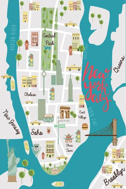 New York City Illustrated Map Travel World Map with Cities in Detail Map Posters for Wall Map Art Geographical Illustration Tourist Travel Destinations Cool Wall Decor Art Print Poster 24x36