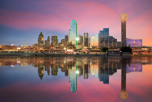 Dallas Texas Skyline Reflected in Trinity River at Sunset Photo Photograph Cool Wall Decor Art Print Poster 18x12