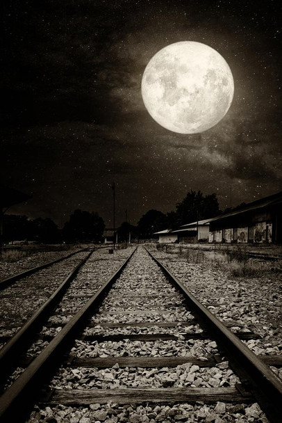 Abandoned Railroad Tracks in the Moonlight Photo Photograph Spooky Scary Halloween Decorations Cool Wall Decor Art Print Poster 24x36