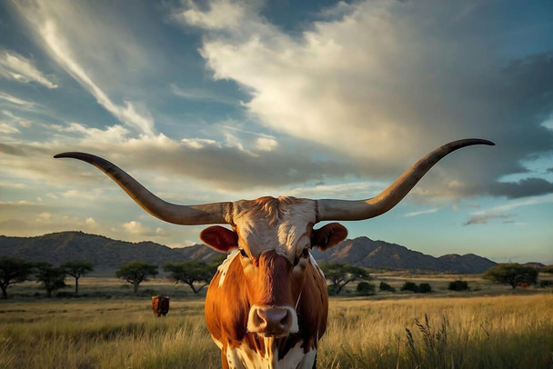 Texas Longhorn Bull Standing in Pasture Close Up Photo Photograph Cool Wall Art Print Poster 18x12