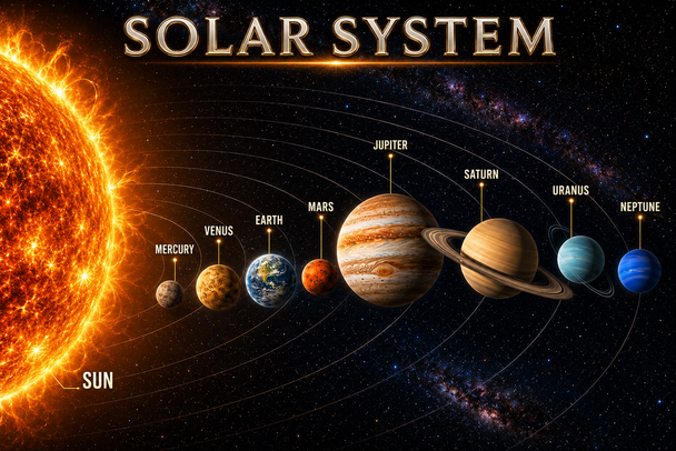Solar System With Labeled Planet Names Educational Chart Space Science Kids Galaxy Classroom Cool Wall Art Print Poster 18x12