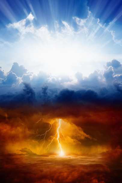 Dramatic Sky Photo Heaven Hell Sunny Blue Sky Severe Lightning Storm Clouds Religious God Apocalyptic Photo Cool Wall Decor Art Print Poster 12x18