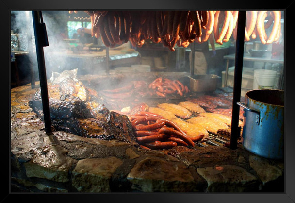 Meat Smoking Over Pit Texas BBQ Photo Art Print Black Wood Framed Poster 20x14