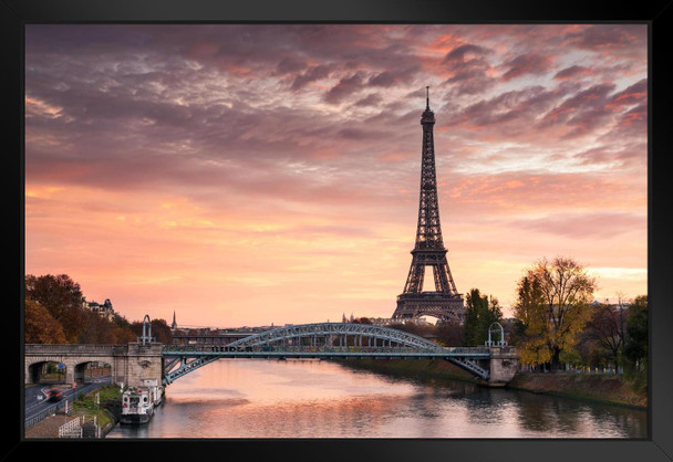 Dawn Over Eiffel Tower and Seine River Paris Photo Black Wood Framed Art Poster 20x14