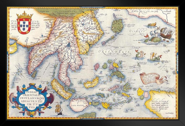 Portuguese South East Asia 16th Century Antique Vintage Style Map Black Wood Framed Art Poster 14x20