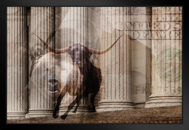 Bull Bear Money Wall Street Stock Exchange Columns Finance Artwork Boardroom Investor Investing Market Photo Photograph Black Wood Framed Art Poster 20x14