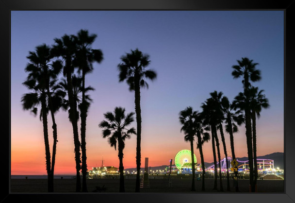 Santa Monica Beach Sunset Santa Monica Pier Ferris Wheel California Photo Photograph Palm Landscape Pictures Ocean Scenic Tropical Nature Photography Paradise Black Wood Framed Art Poster 20x14