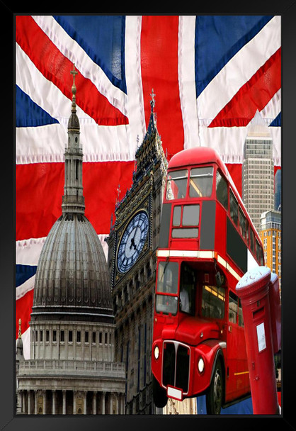 London Great Brittain Landmarks Bus Big Ben St Pauls Art Print Black Wood Framed Poster 14x20