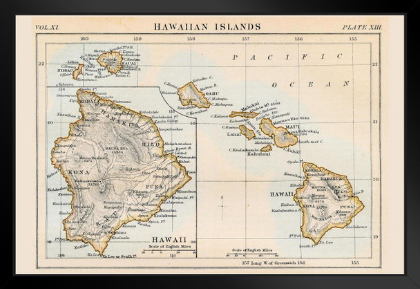 Hawaiian Islands 1883 Historical Antique Style Map Travel World Map with Cities in Detail Map Posters for Wall Map Art Geographical Illustration Island Black Wood Framed Art Poster 20x14