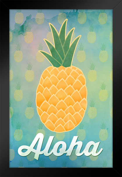 Aloha Pineapple Hawaii Hawaiian Fruit Welcome Decoration Beach Sunset Palm Landscape Pictures Ocean Scenic Scenery Tropical Nature Photography Paradise Scenes Black Wood Framed Art Poster 14x20