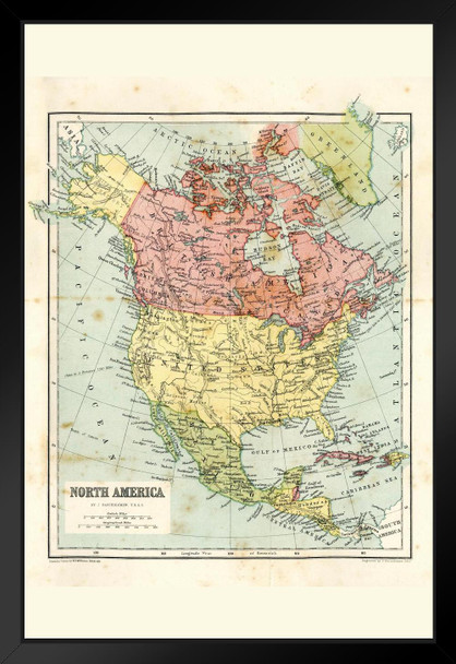 North America 19th Century Antique Style Map Travel World Map with Cities in Detail Map Posters for Wall Map Art Wall Decor Geographical Illustration Travel Black Wood Framed Art Poster 14x20
