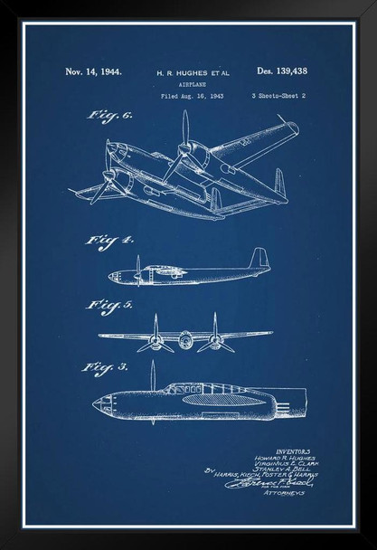 Howard Hughes Airplane Official Patent Blueprint Black Wood Framed Poster 14x20