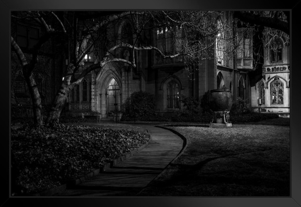 Spooky Cathedral at Night in Lower Manhattan B&W Photo Art Print Black Wood Framed Poster 20x14