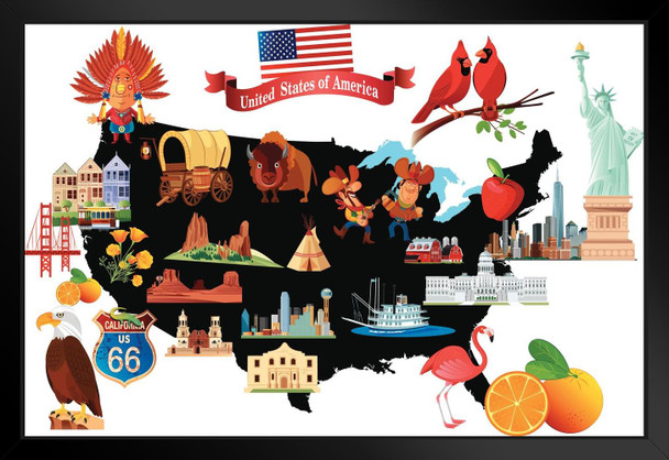 Cartoon Map of the United States USA with Symbols US Map with Cities in Detail Map Posters for Wall Map Art Wall Decor Country Illustration Tourist Destinations Black Wood Framed Art Poster 20x14