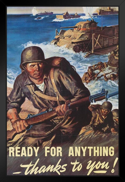 WPA Ready For Anything Thanks To You Soldier On Normandy Beach Vintage World War II War Propaganda Military Decoration Black Wood Framed Art Poster 14x20