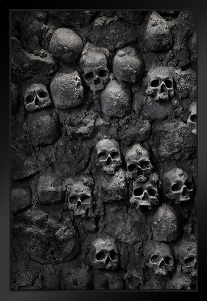 Skulls Stacked in Wall Skeleton Spooky Horror Photo Photograph Human Anatomy Scary Black Wood Framed Art Poster 14x20