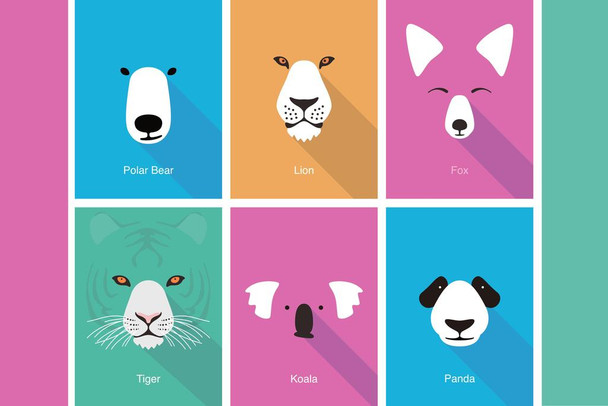Animal Cartoon Character Faces Polar Bear Panda Koala Cool Wall Art Print Poster 36x24