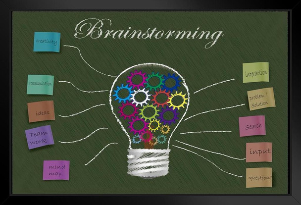 Brainstorming Lightbulb on Blackboard With Concept Sticky Notes Photo Art Print Black Wood Framed Poster 20x14