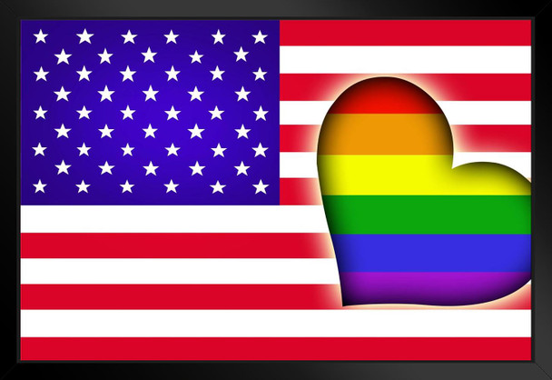 Flags of Gay Pride LGBT Rainbow and USA United States Art Print Black Wood Framed Poster 20x14