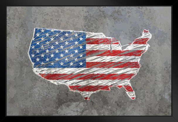 United States Outline Flag Map Stone Background Photo Art Print Black Wood Framed Poster 20x14