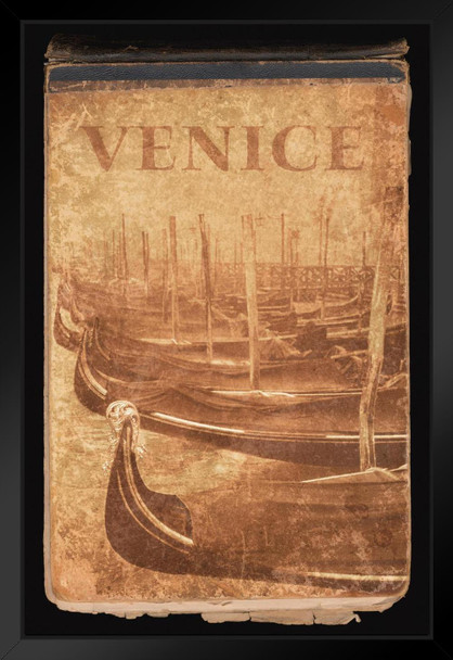 Gondolas of Venice Italy Vintage Sepia Toned Travel Art Print Black Wood Framed Poster 14x20