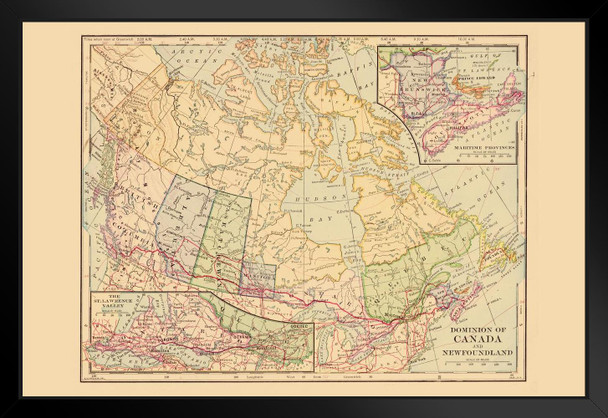 Dominion of Canada and New Foundland 1898 Antique Style Map Black Wood Framed Poster 20x14