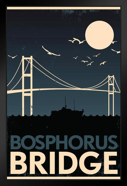 Bosphorus Bridge Istanbul Retro Travel Art Black Wood Framed Art Poster 14x20