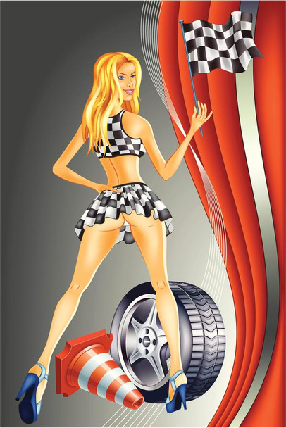 Sexy Racing Girl Checkered Flag Illustration Art Print Cool Huge Large Giant Poster Art 36x54