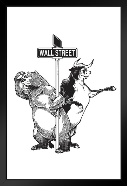 Bull and Bear Standing Beside Wall Street Sign Black Wood Framed Art Poster 14x20