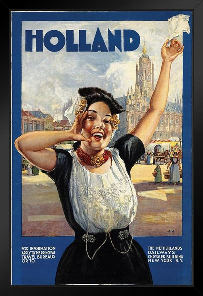 Holland Dutch Girl Vintage Travel Art Print Black Wood Framed Poster 14x20
