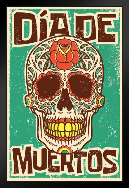 Day of the Dead Sugar Skull Spanish Vintage Design Art Print Black Wood Framed Poster 14x20