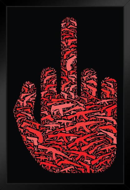 Middle Finger Hand Gun Icon Pattern Black Wood Framed Art Poster 14x20