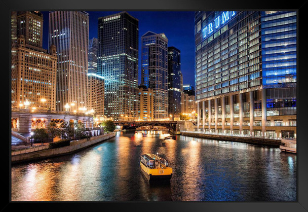 On the Chicago River at Night Photo Black Wood Framed Art Poster 20x14