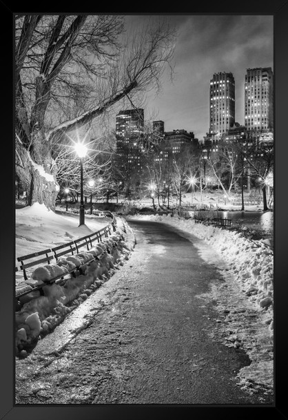 New York City Central Park Wintery Path B&W Photo Black Wood Framed Art Poster 14x20