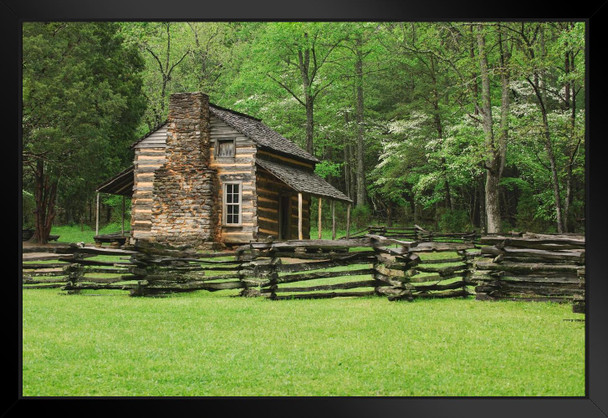 A Fence and Cabin in Smoky Mountain National Park Photo Art Print Black Wood Framed Poster 20x14