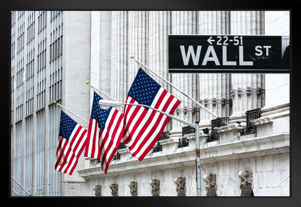 New York Stock Exchange NYSE Wall Street New York City NYC Building American Flags USA Patriotic Photo Photograph Black Wood Framed Art Poster 20x14