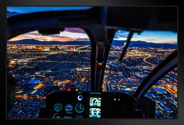 Las Vegas Nevada Skyline Sunset Helicopter View Photo Art Print Black Wood Framed Poster 20x14