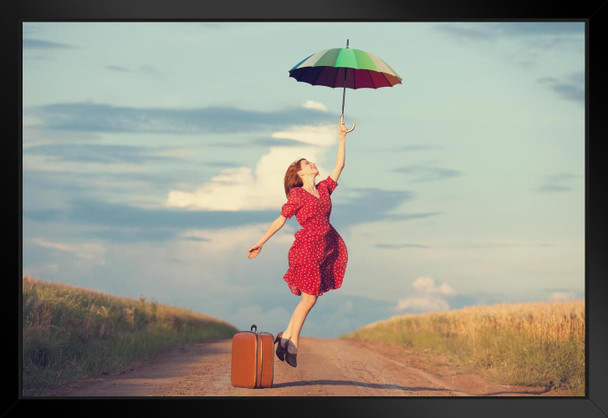 Redhead Girl in Red Dress with Umbrella and Suitcase Photo Photograph Black Wood Framed Art Poster 20x14