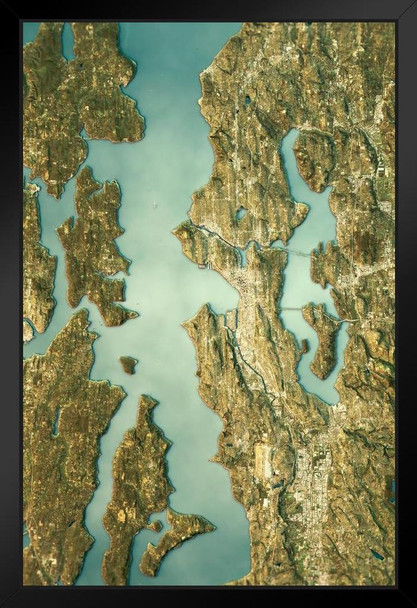 Seattle Washington Satellite View Topographic Map Landscape Photo Art Print Black Wood Framed Poster 14x20