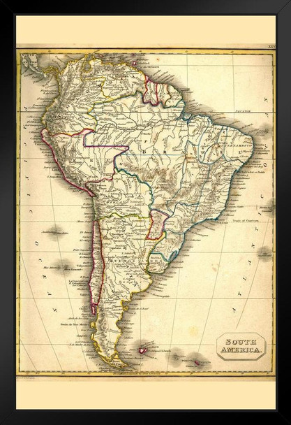 South America Antique Style Map Travel World Map with Cities in Detail Map Posters for Wall Map Art Wall Decor Geographical Illustration Travel Destinations Black Wood Framed Art Poster 14x20