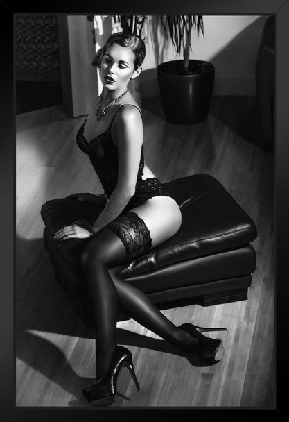Hot Sexy Woman in a Sensual Moment B&W Photo Art Print Black Wood Framed Poster 14x20